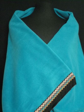 Turquoise Blue Polar Fleece Shawl With Aztec Fringe Trim